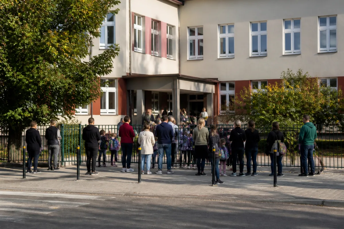 Черга батьків з дітьми біля польської школи вранці