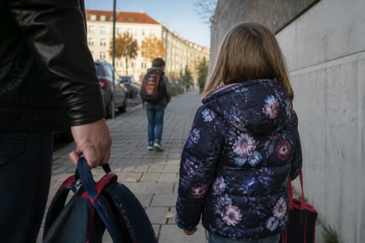 Everyday scene of a Ukrainian family's life in Czechia: working at a school and a child at nursery school