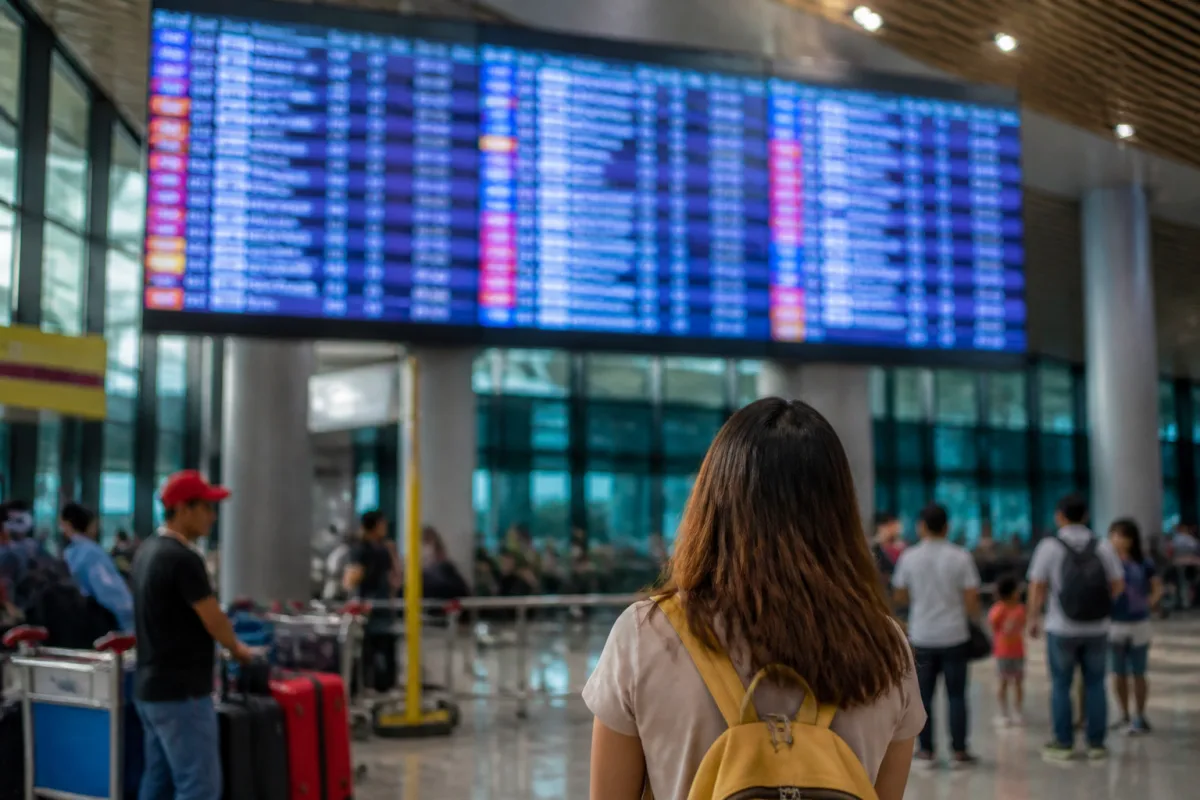 Табло вылетов в терминале филиппинского аэропорта с расписанием рейсов Cebu Pacific