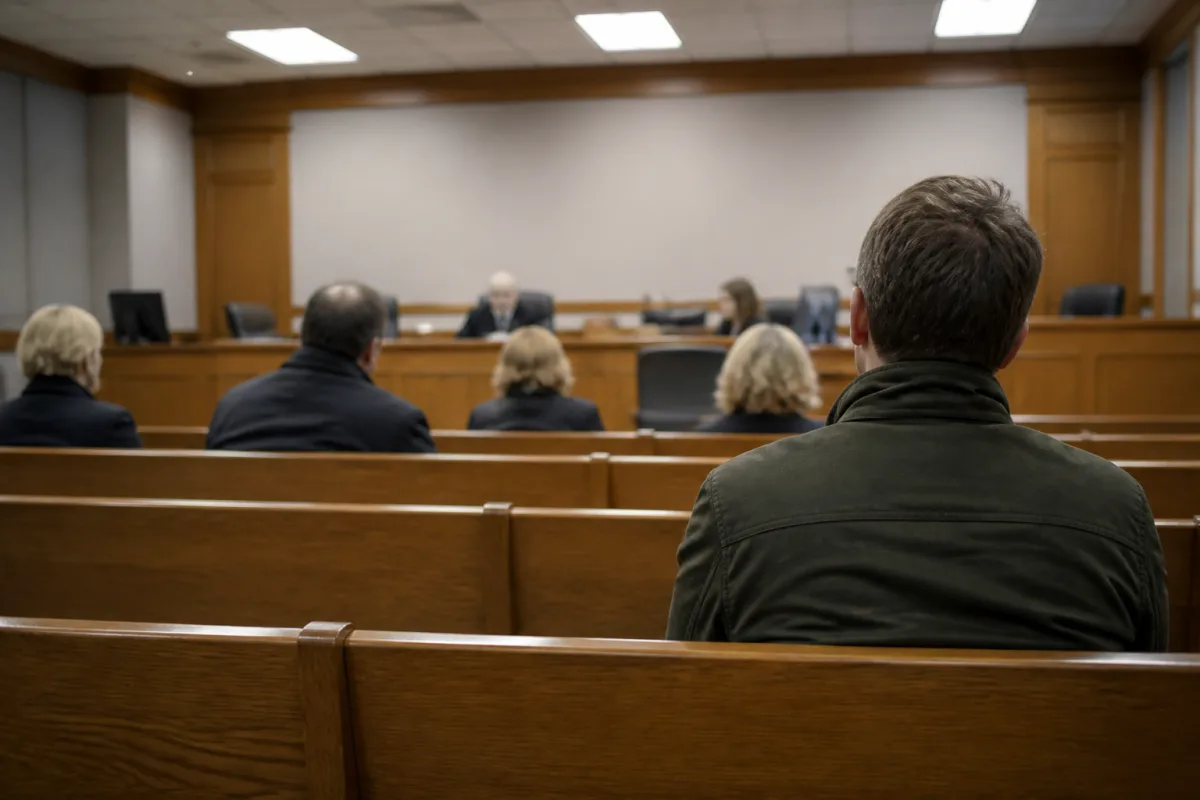 A courtroom with unrelated case files stacked on the government attorney's table, used against an asylum applicant