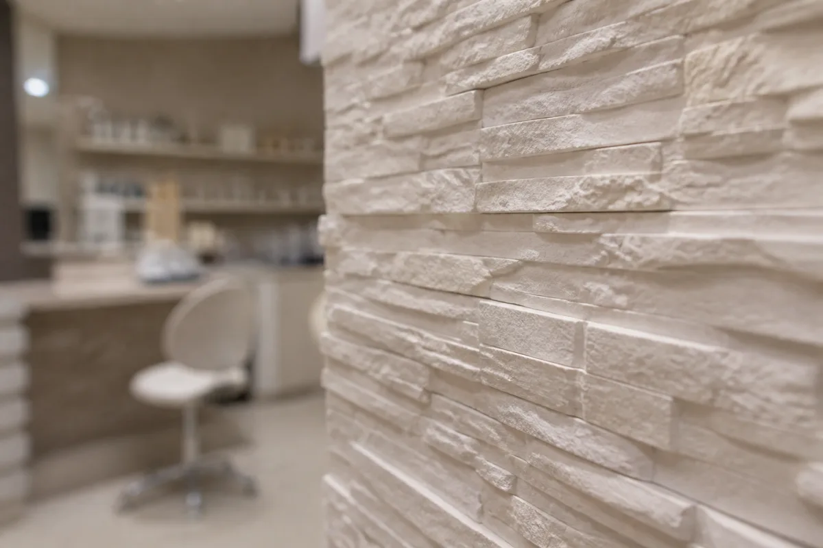 Handmade decorative foam wall styled as stone masonry for a beauty studio