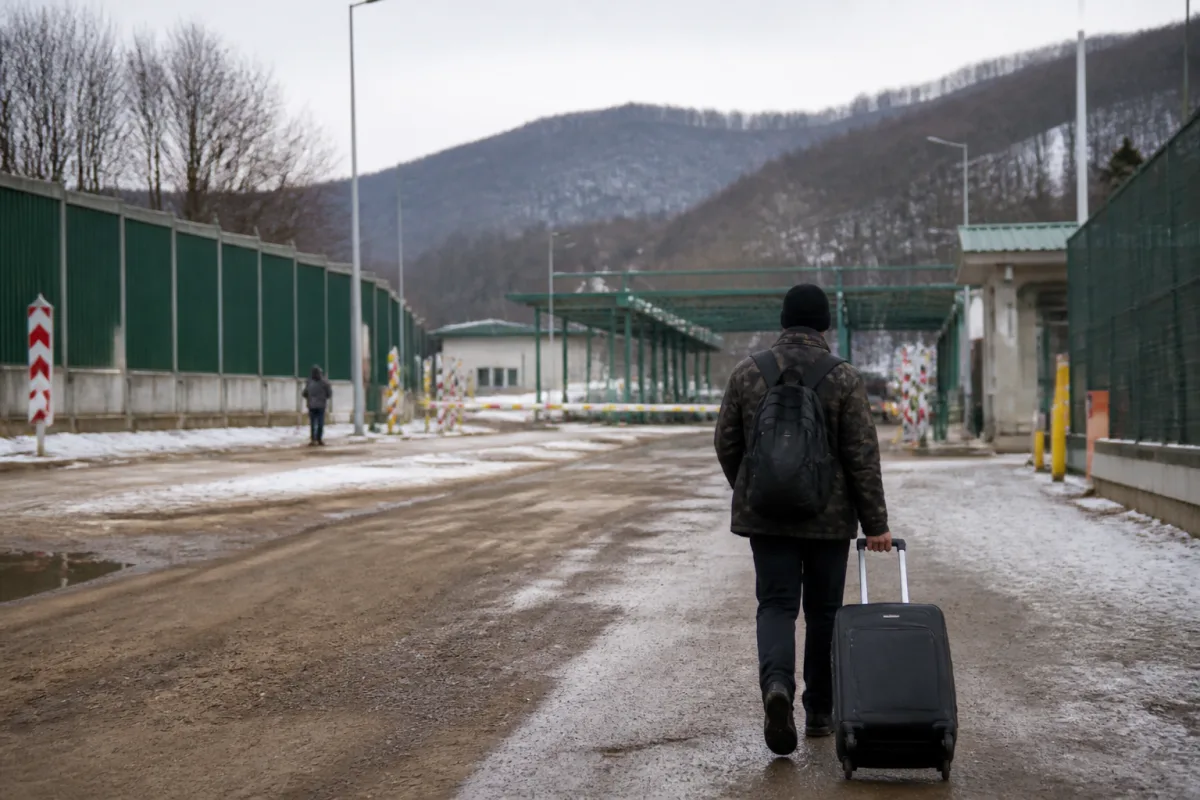 Демобілізований військовий з валізою на кордоні як символ повоєнного повернення додому