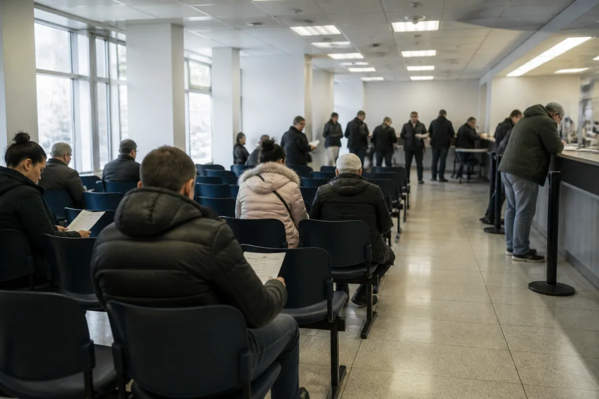 Очередь в иммиграционном центре с людьми, ждущими приёма