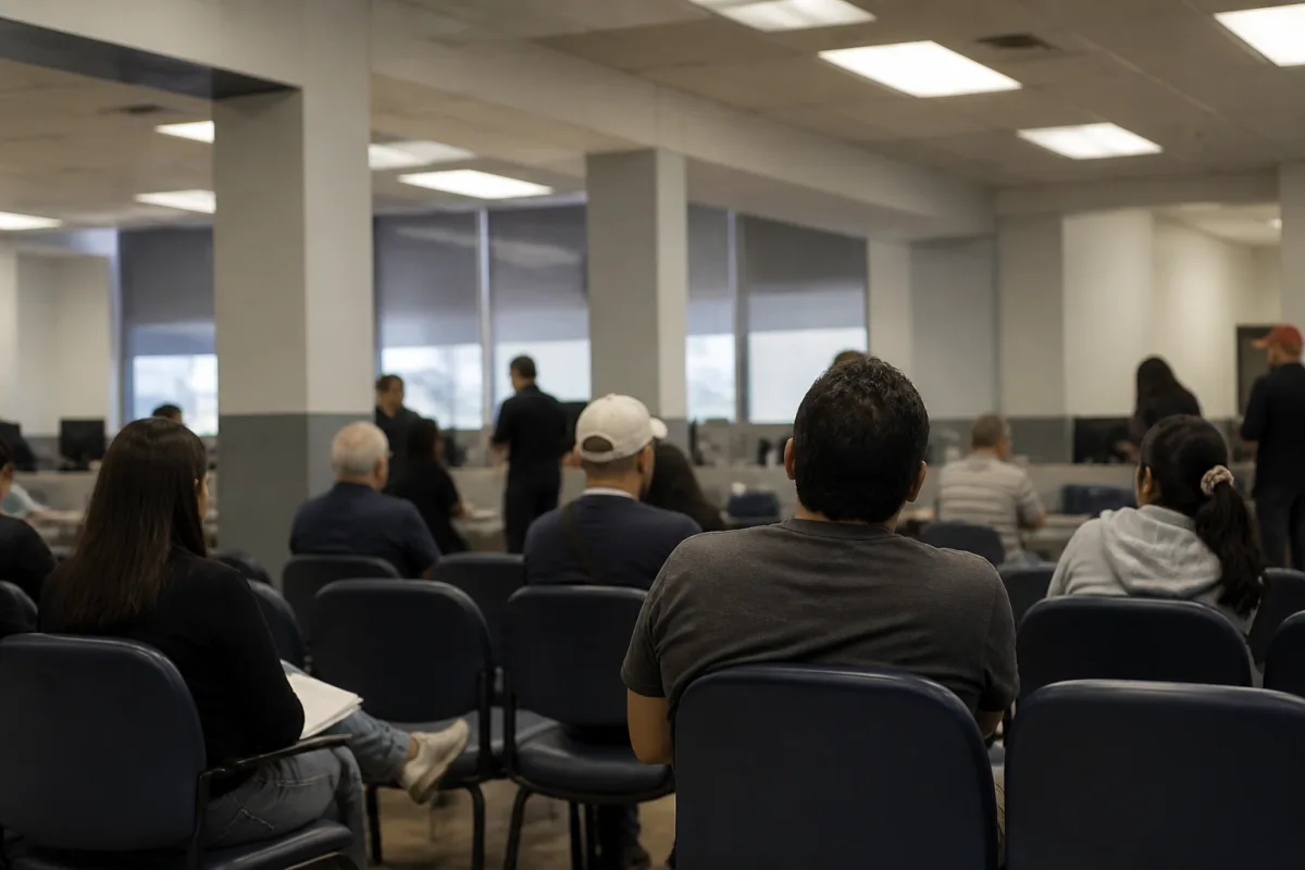 Очередь в офисе USCIS, интервьюеры в кабинках с документами и мониторами