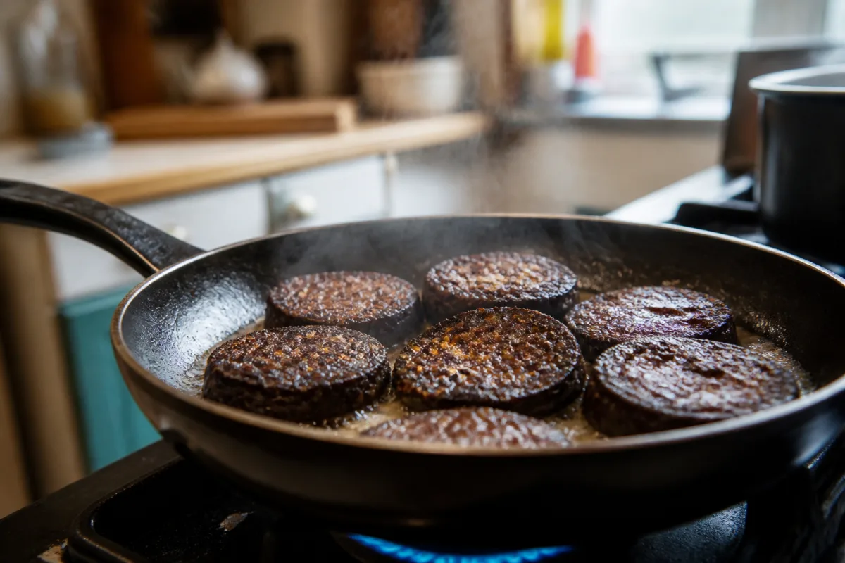 Нарезанный пудинг на сковороде с маслом и готовыми кусочками чёрного пудинга
