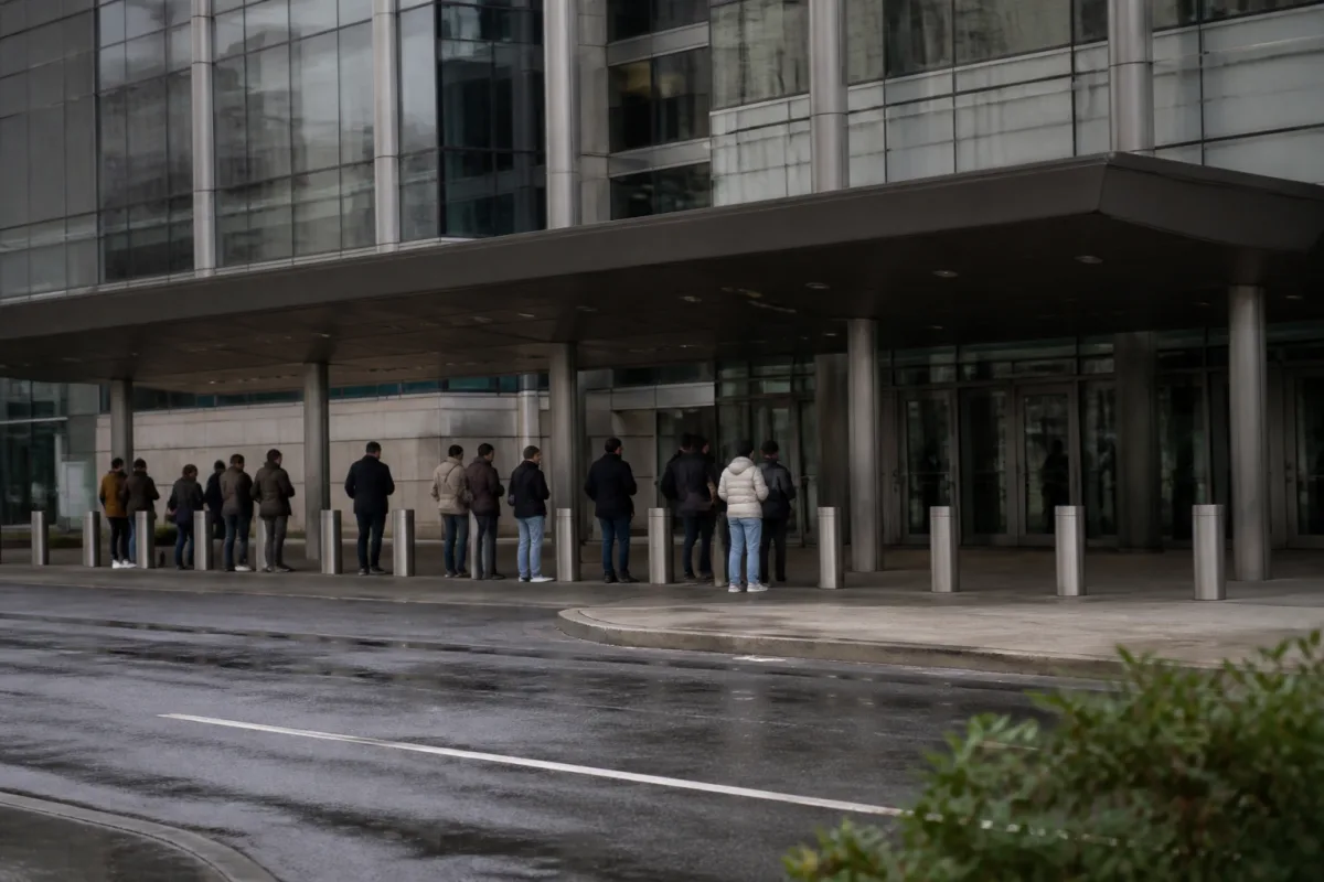 A queue outside an immigration center building in a major city, people waiting at the entrance under a canopy.