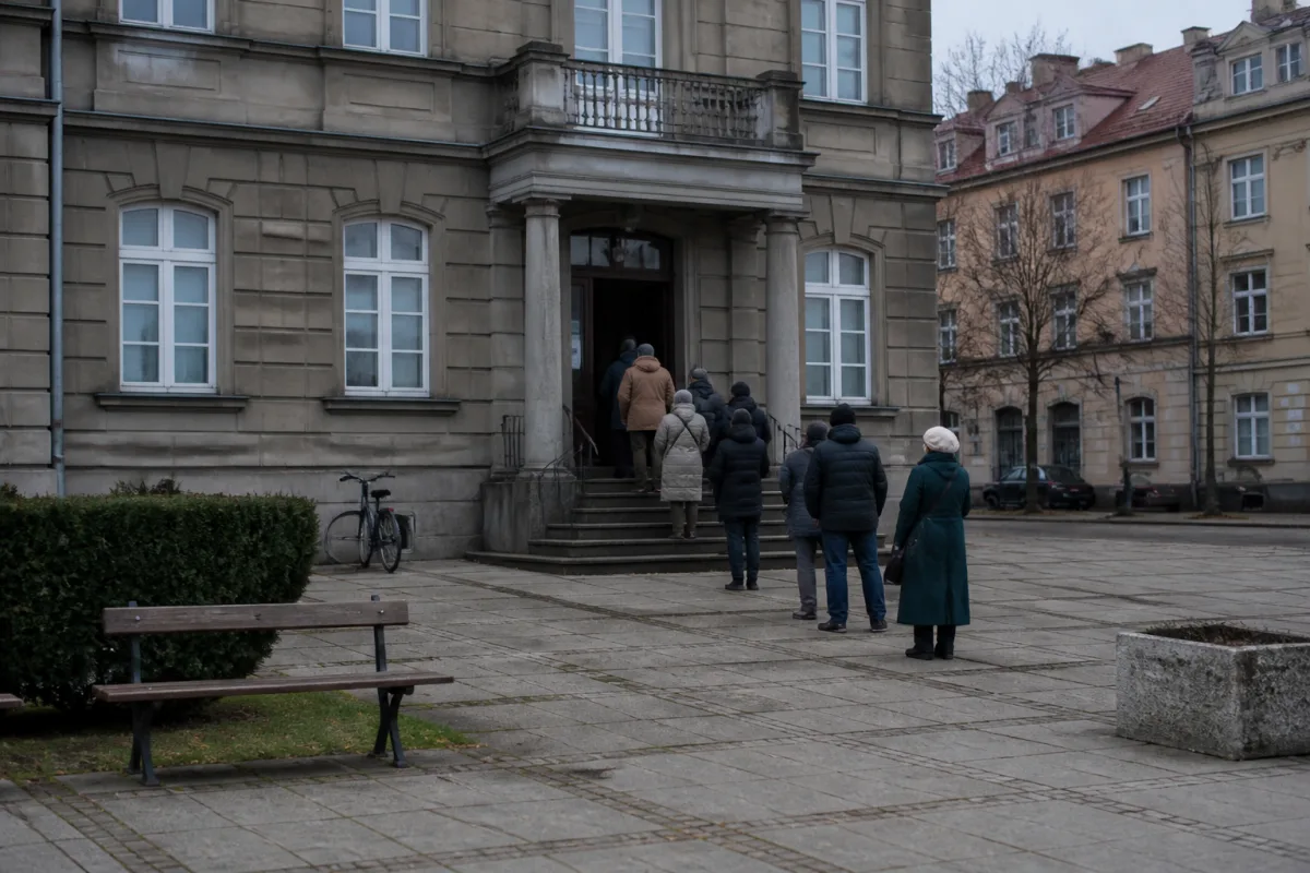 Очередь людей у входа в отделение в польском городе