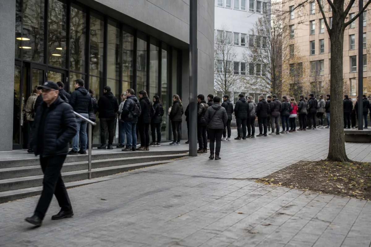 Люди в черзі перед муніципальною установою в європейському місті