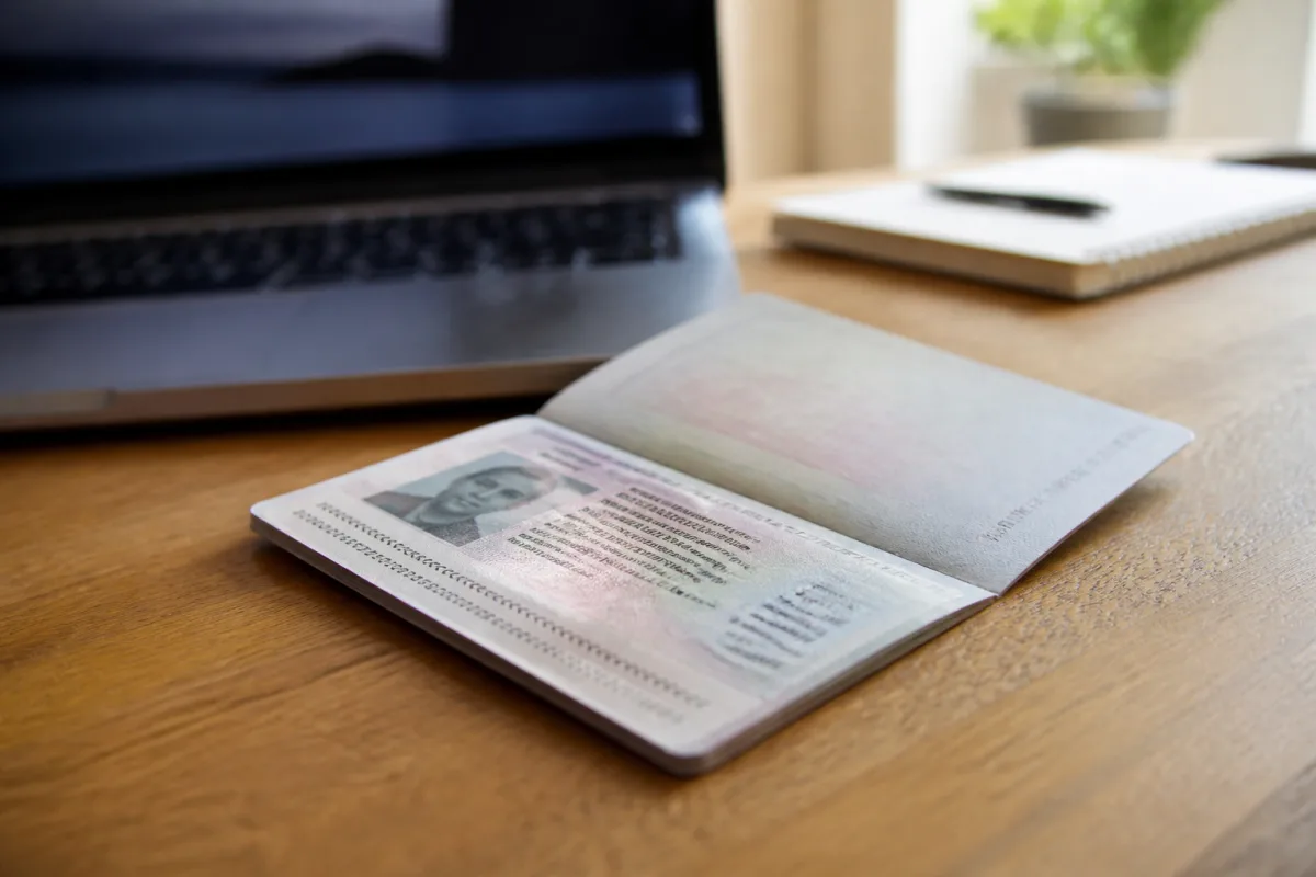A passport next to the DS-260 form fields for entering name and date of birth