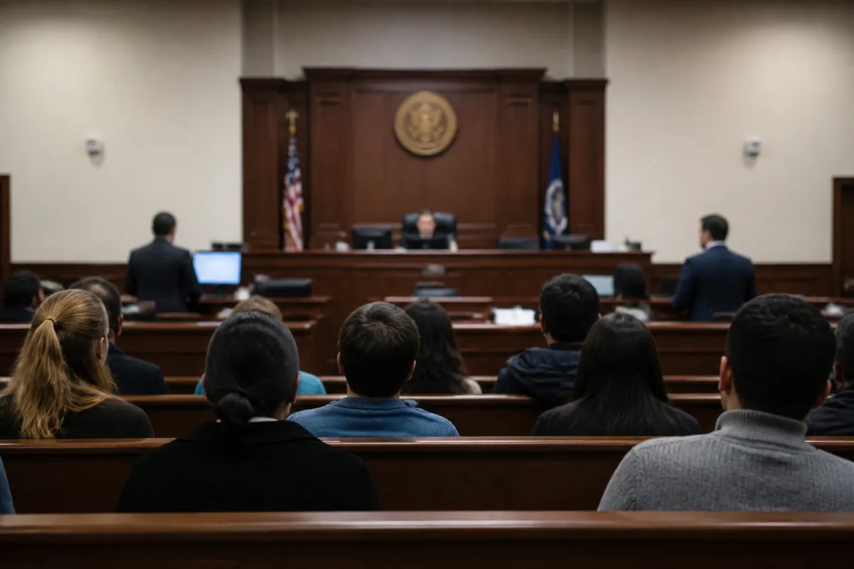 An immigration judge reviewing an applicant's documents at a master calendar hearing