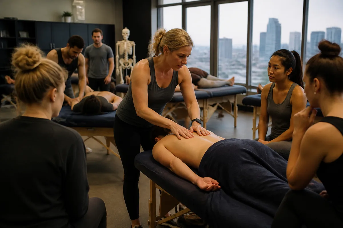Anatomy and hands-on massage class at a massage therapy college in Calgary