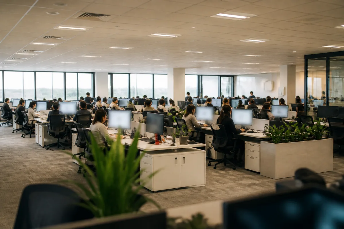 Office space with workstations sized for a company's full planned staff