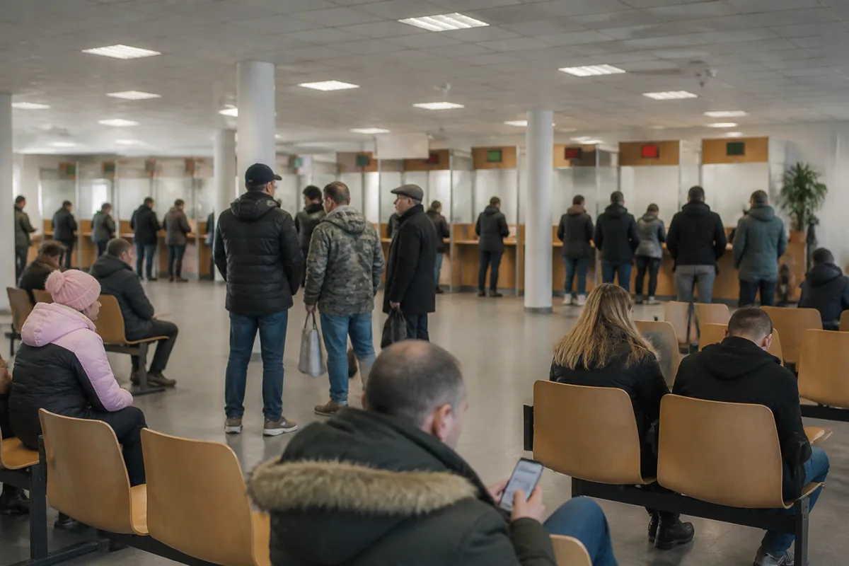 Вход в центр обслуживания беженцев в Берлине, ряд людей перед информационным окном с документами в руках.