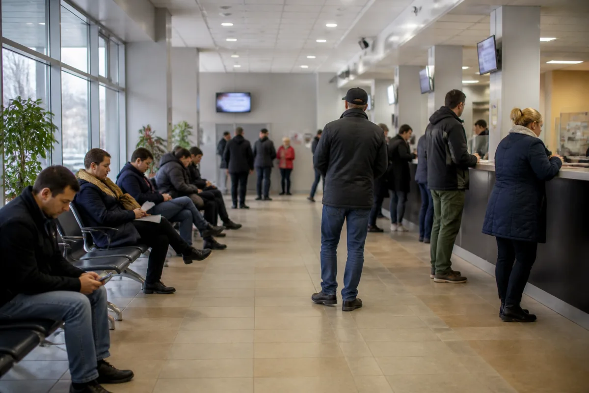 Зал ожидания французского консульства с информационными стендами и посетителями, подающими документы на визы.