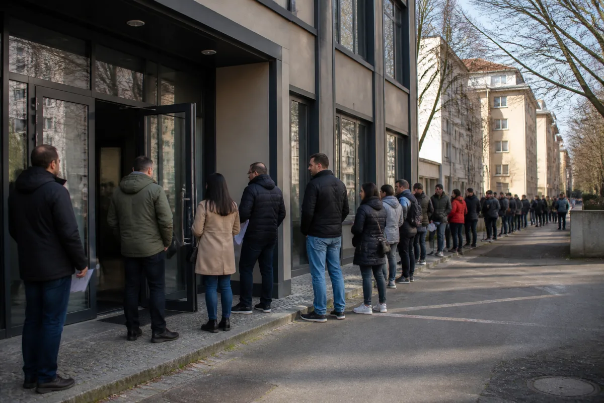 Черга відвідувачів перед входом до міграційного відомства в Німеччині