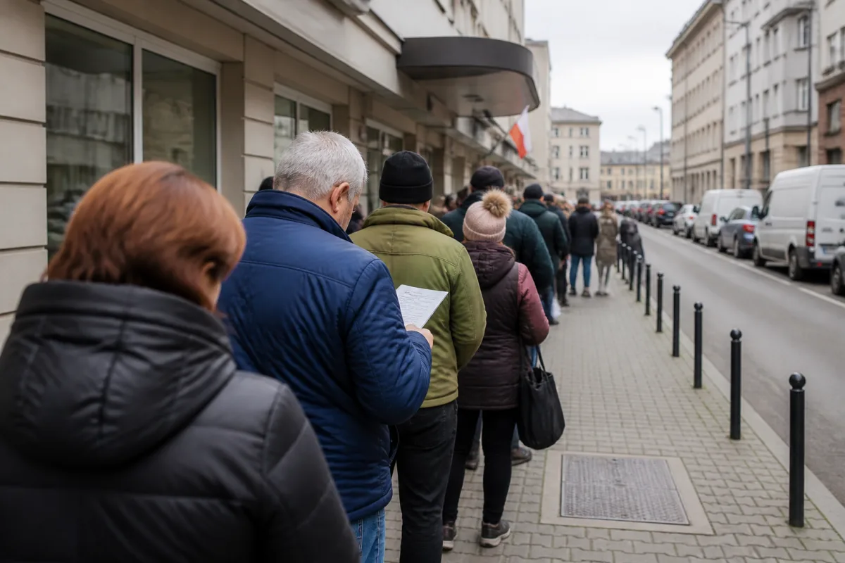Черга людей біля офісу з документами в руках на вулиці в Польщі