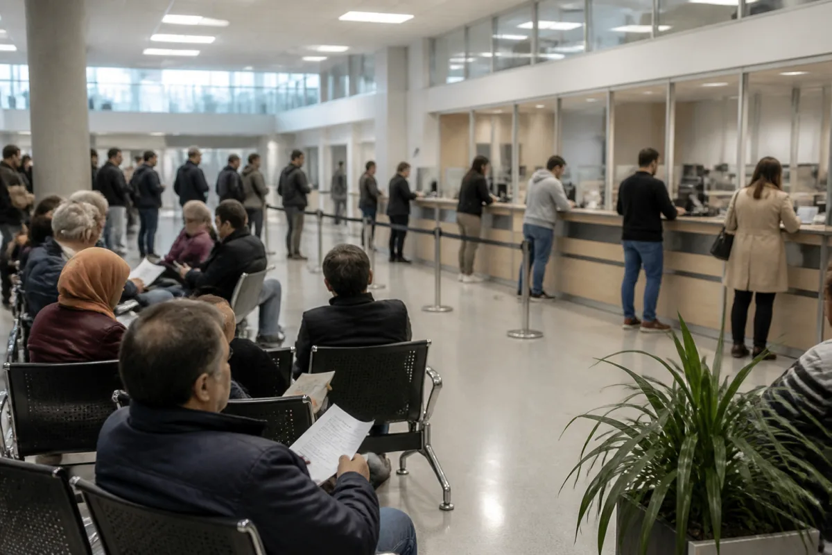 Вікно податкової служби з чергою відвідувачів у Німеччині