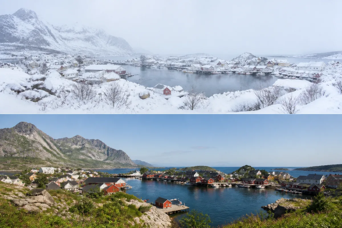 Small fishing village in northern Norway under snow in winter and without it in summer