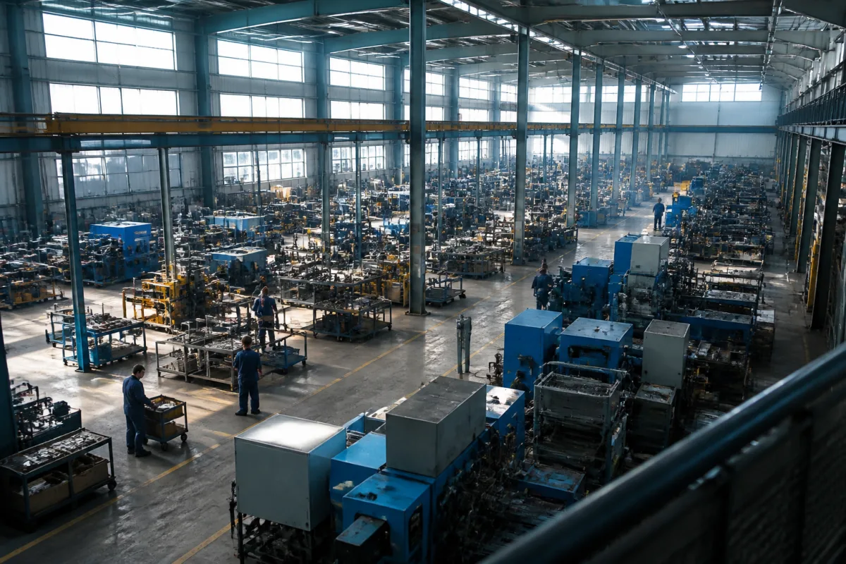 A production floor with dozens of workers — the typical scale of an L-1 visa candidate company