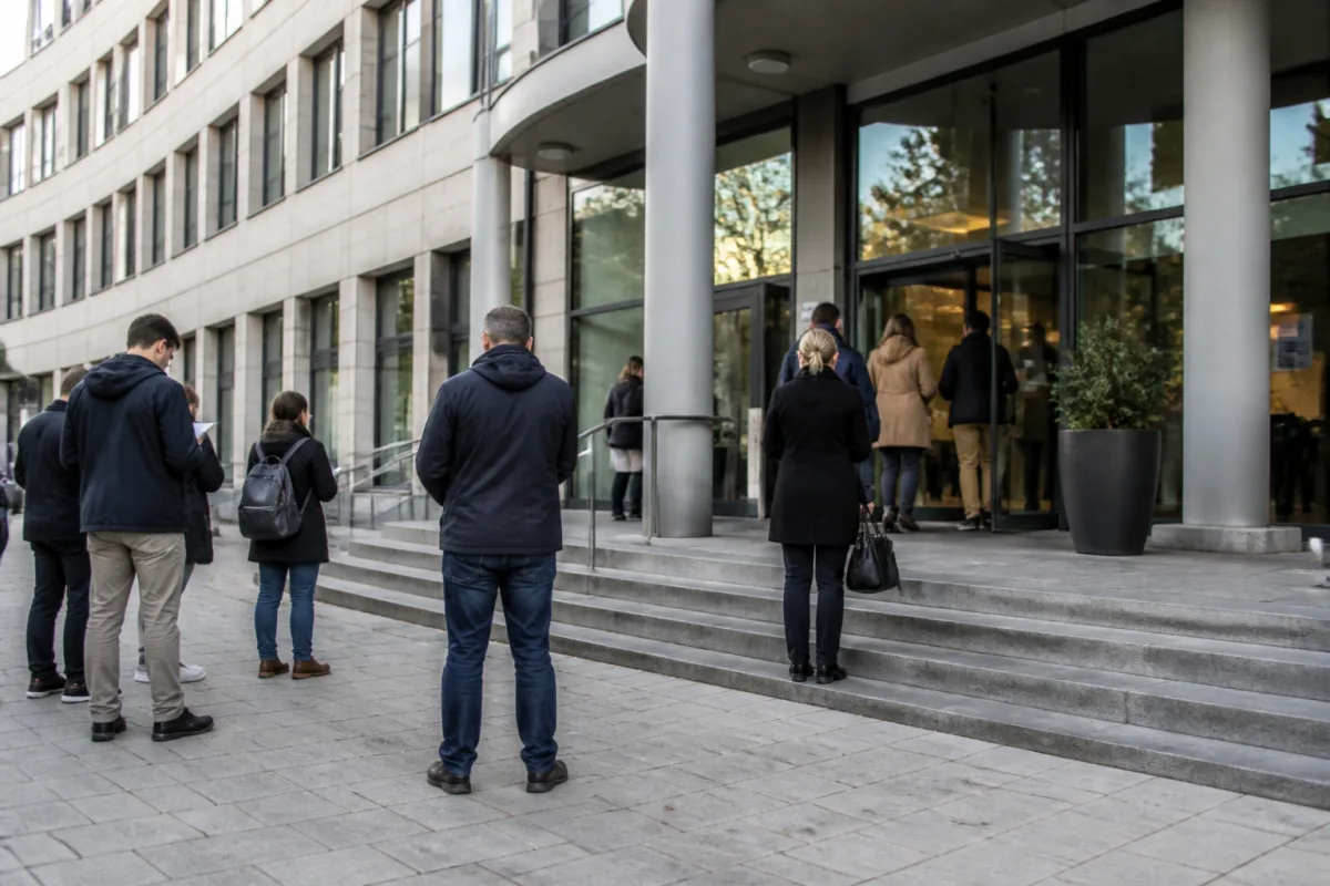 Перевірка документів на фоні будівлі німецького відомства у справах міграції та біженців