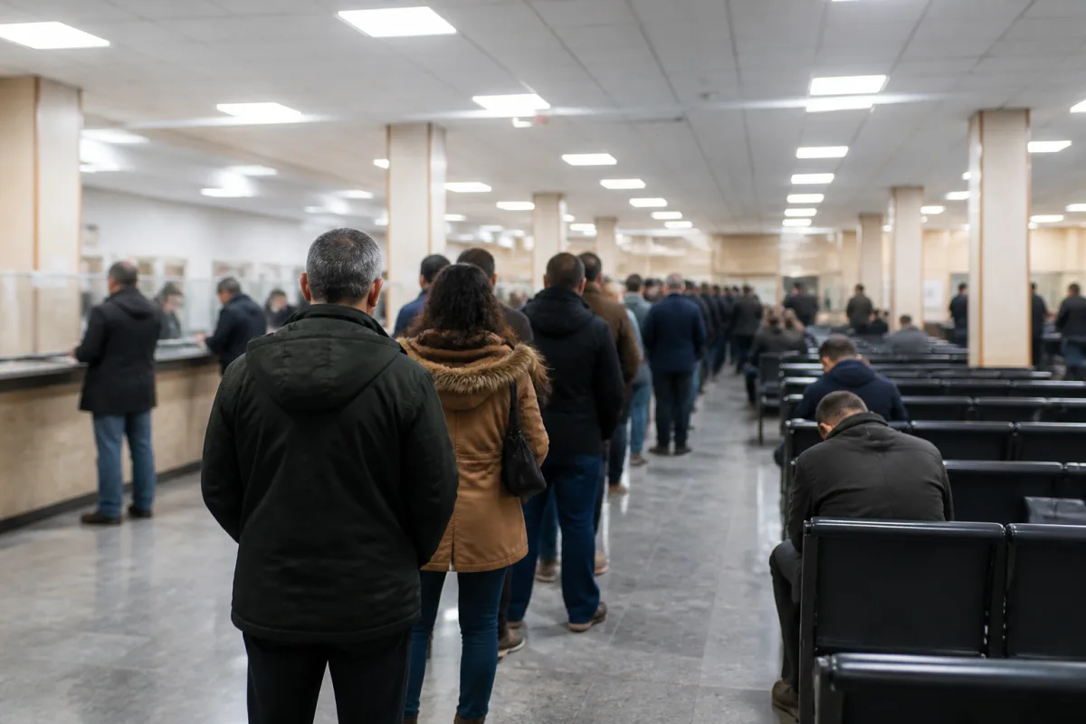 Очередь в консульство: люди с документами и паспортами ждут на входе в здание посольства или консульства.