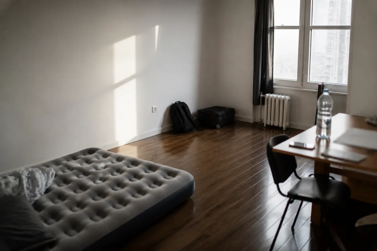 Empty rental apartment with no furniture and an air mattress on the floor during the first days after moving