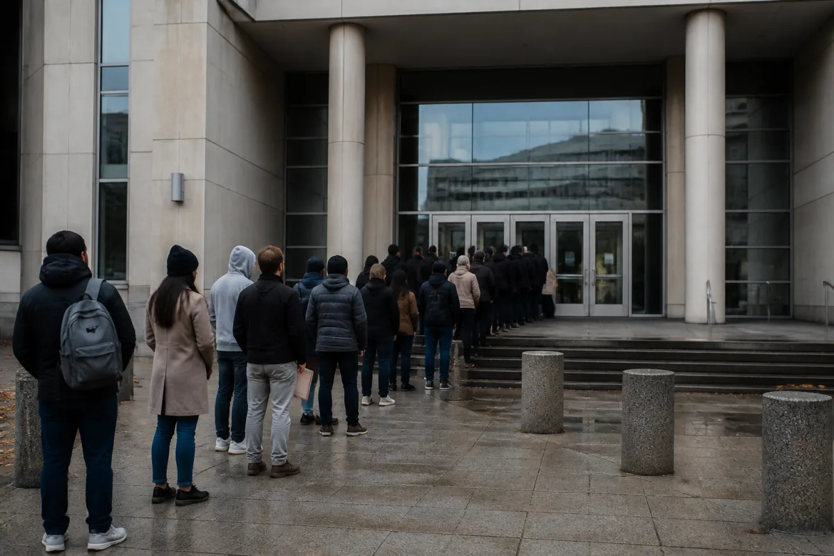 Черга заявників біля входу до імміграційного суду раннім ранком перед мастер-слуханням