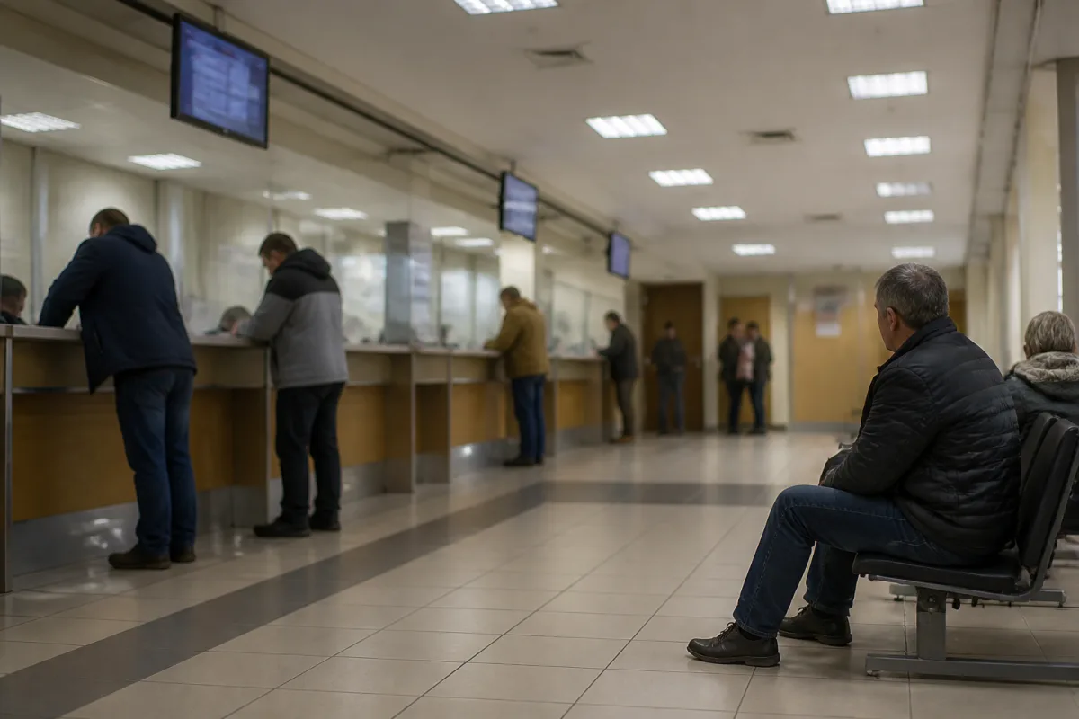Интерьер гражданского реестра или здания миграционных служб с посетителями.