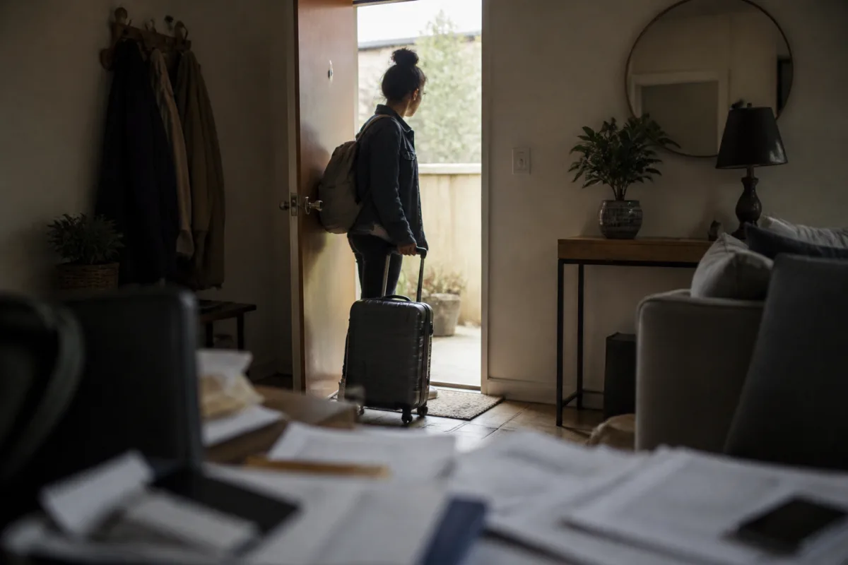 A person with a suitcase by the door before an urgent trip that risks abandoning a pending green card application