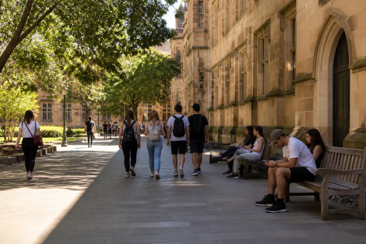 A student with documents outside a university campus, against the backdrop of the more expensive student visa