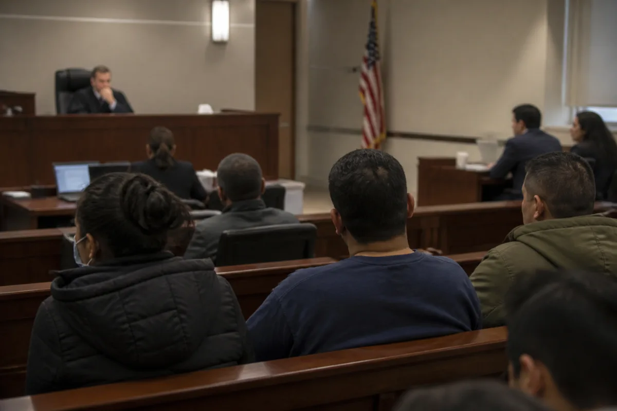 An immigration courtroom during the review of a Mexican national's asylum case