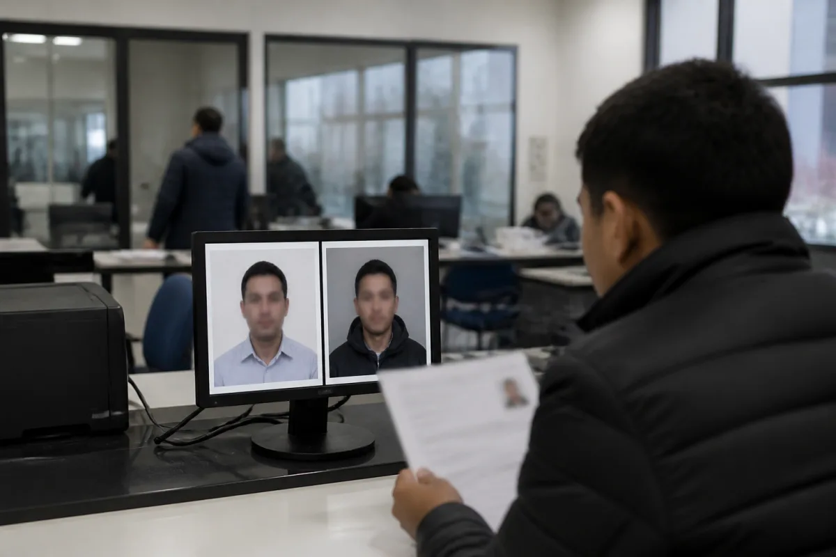 Side-by-side comparison of a correct and incorrect DV lottery photo: background, retouching, visibility of ears and eyes
