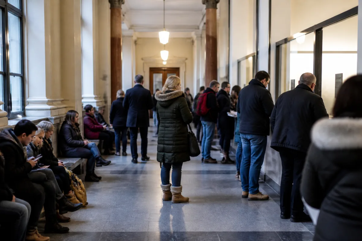 Люди в очереди к избирательному участку в Магдебурге, разговариваются перед входом в здание.