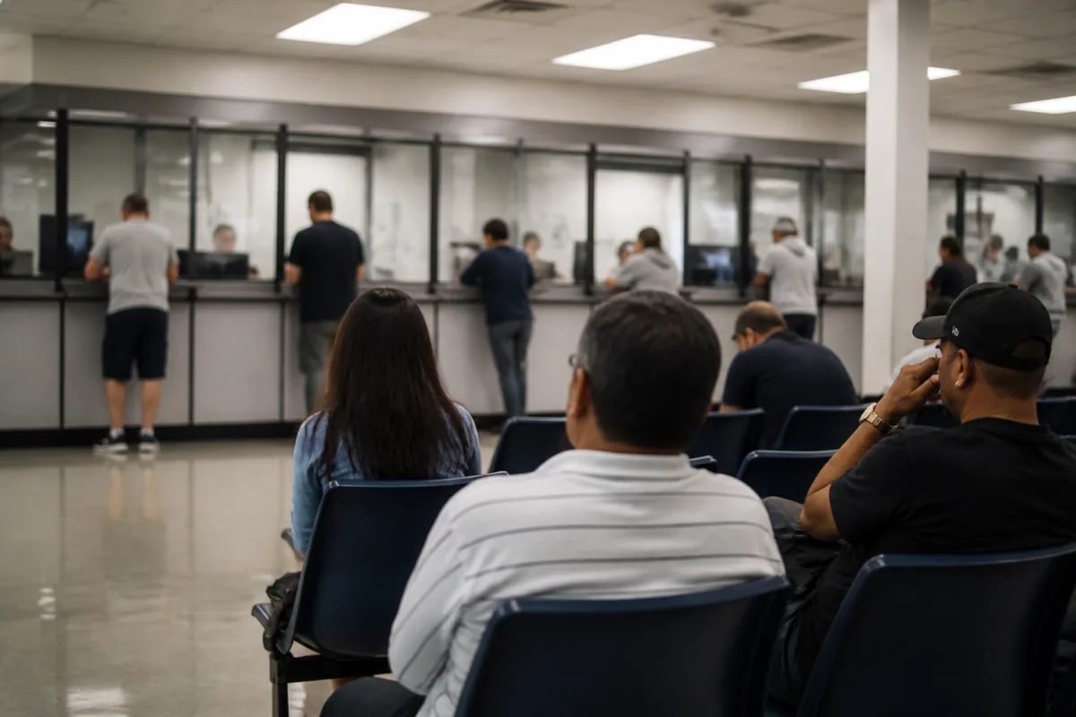 Кабинет USCIS с окном регистрации и очередью заявителей