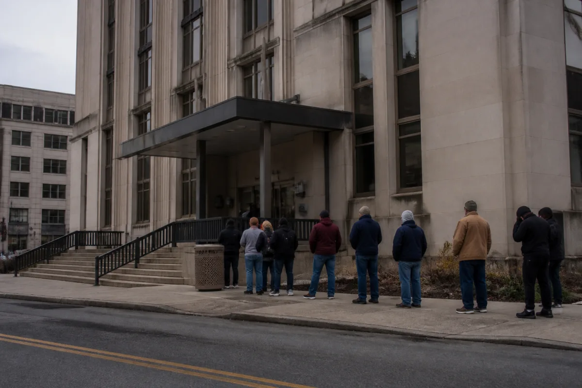 Здание иммиграционного суда или отделения USCIS с очередью заявителей у входа