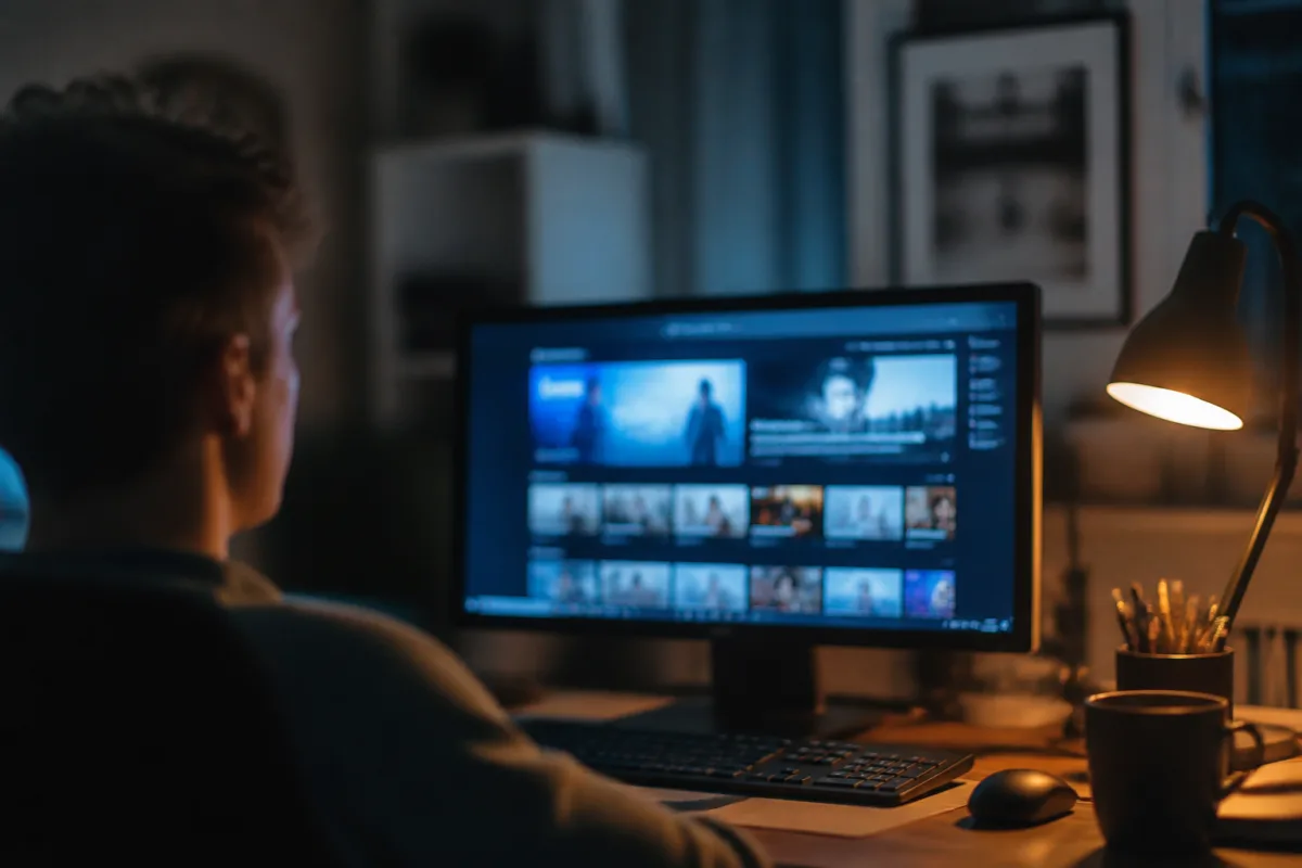Экран монитора с интерфейсом потоковой платформы Netflix, где загружается видеоконтент для просмотра."