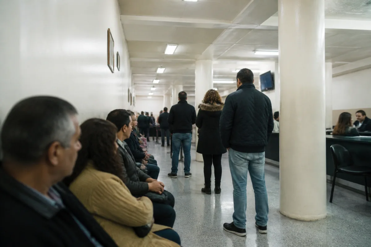 Прием документов в консульстве: окно регистрации, номерок в руке заявителя, очередь позади.