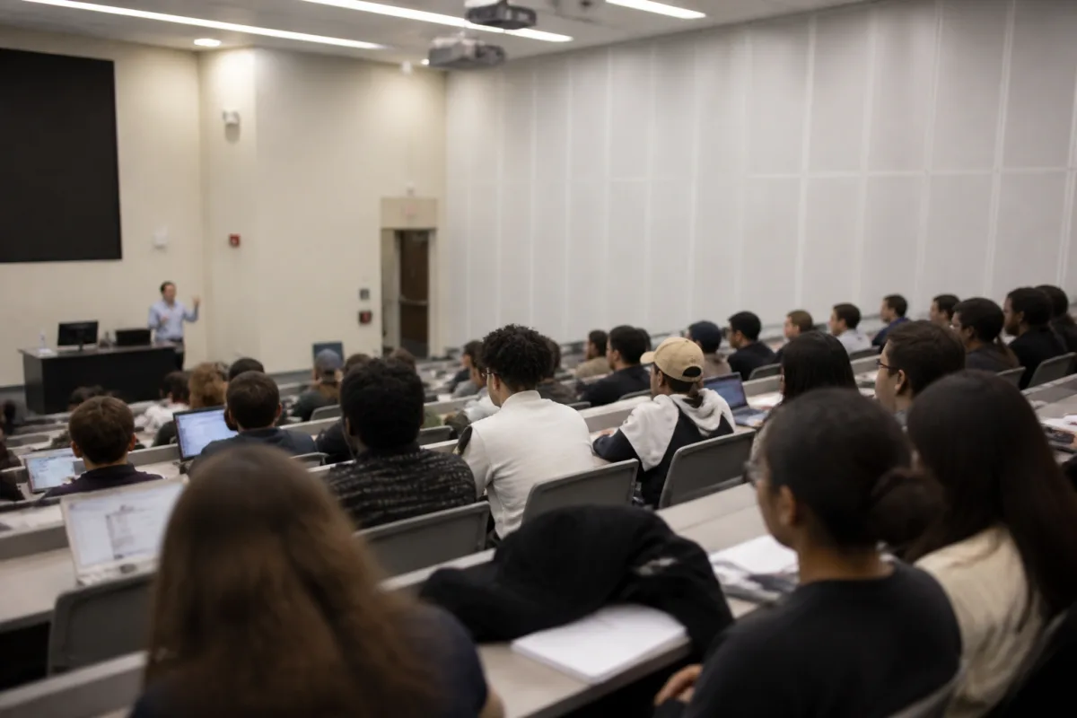Аудитория в университете: студенты сидят за столами, преподаватель говорит перед доской с материалом курса.