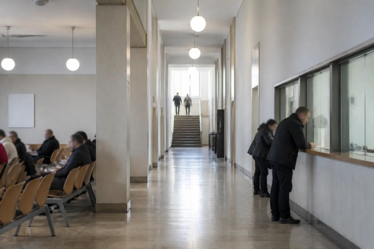 A German administrative courtroom during a five-day hearing on a naturalization case